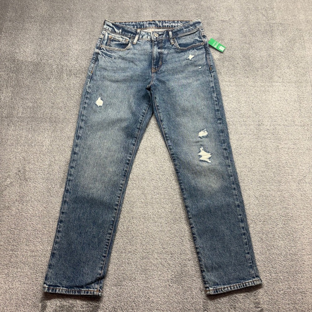 NWT Gap Girlfriend Jeans Kids Size 12 Blue Distressed Adjustable WaistV